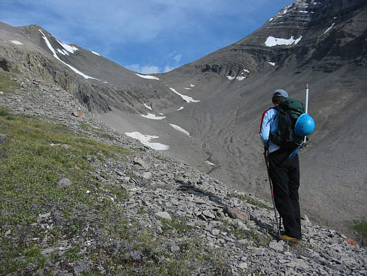 It's worth dropping into the big gully for a problem-free ascent.  Staying on the high bench at left may lead to some difficult slabs.