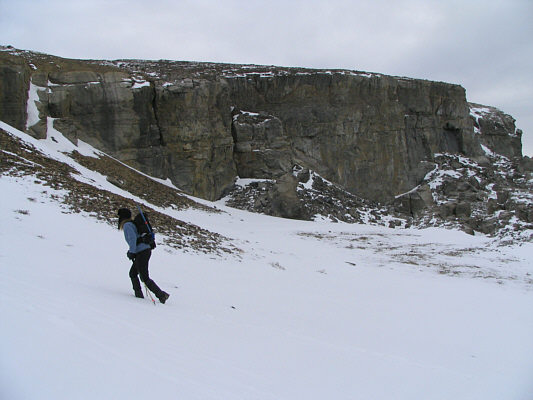 On descent, I managed to glissade the thin snow patch behind Linda.  Short but fun!