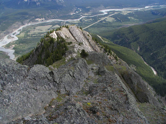 I was tempted to go down a long scree chute just to the right in this photo. However, I was worried that hiking out Two O'Clock creek might entail some nasty bushwhacking.