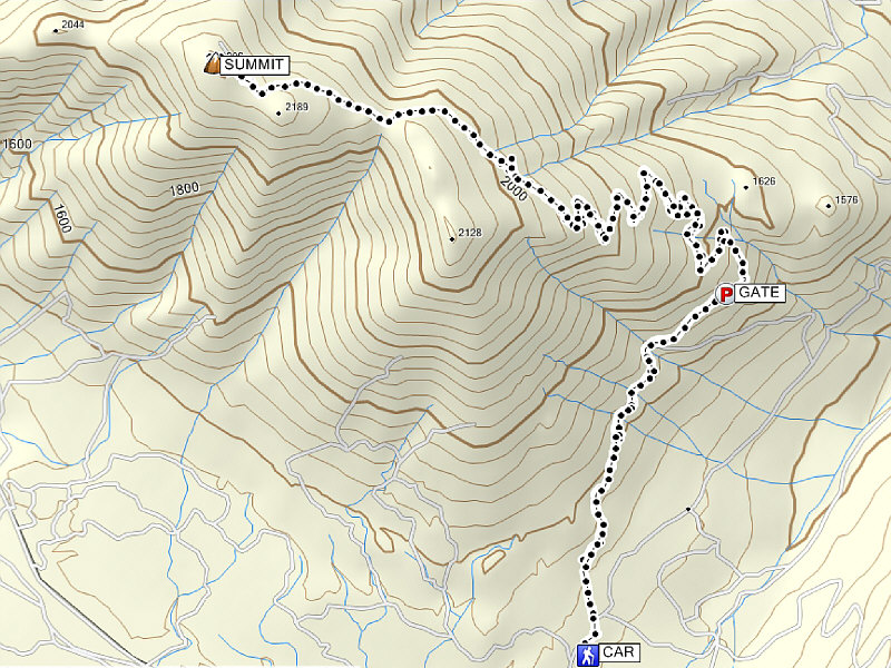 Starting from the gate would save about 235 metres of elevation gain and about 6 kilometres off the round-trip distance.