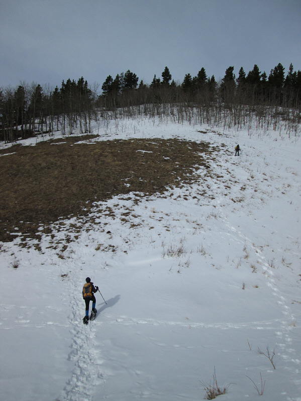 Despite the thin snow cover, it's better than breaking trail through the deep stuff.