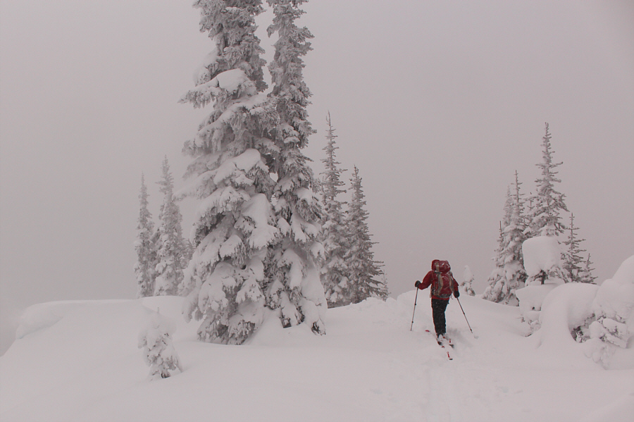 Zosia przygotowuje się jeździć na nartach w dół wschodni grzbiet Bojo Mountain.