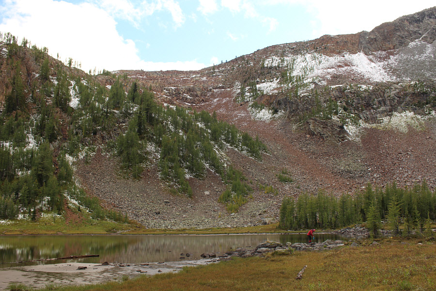 It's about a 250-metre drop from the ridge to this tarn.