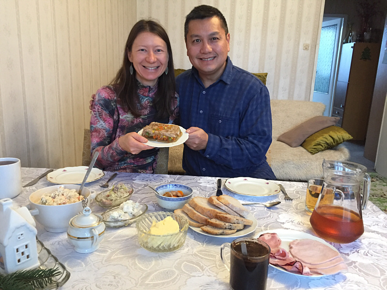 We're holding galareta, a jellied meat and veggie dish.