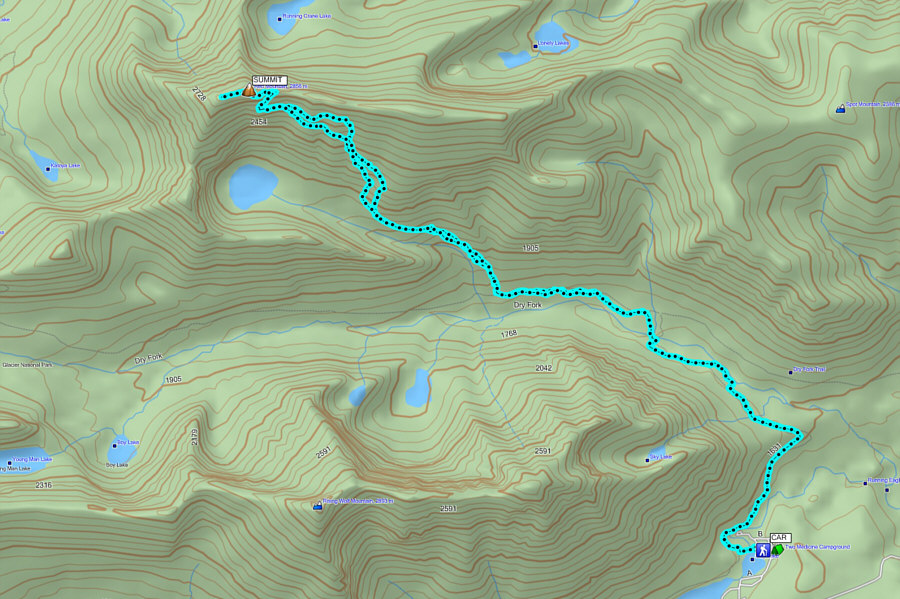 The Two Medicine campground host told us that it is easier to climb Red Mountain by traversing along the east ridge from Spot Mountain.