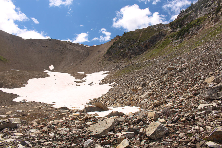 The scree slope would probably also work, but I'd rather climb grass than scree!