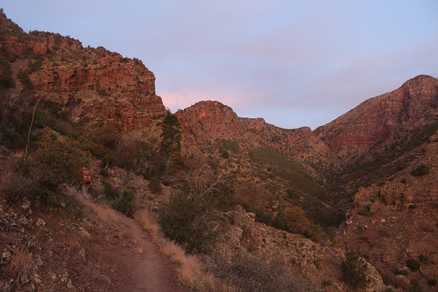 There was actually a flowing creek in the valley bottom here, but it was too far removed from the trail to be of practical use for filling water bottles.