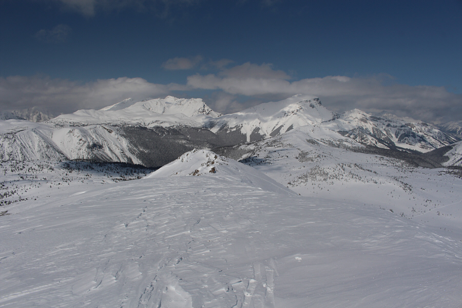 Mount Brett is to the left, but its summit is shrouded in clouds.