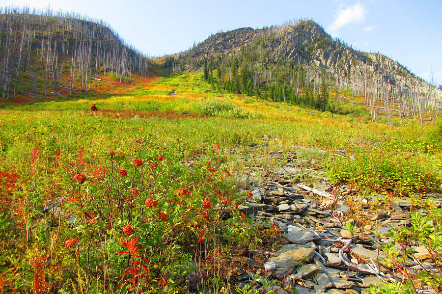 The gully looks innocuous here, but I would not recommend going up this way.