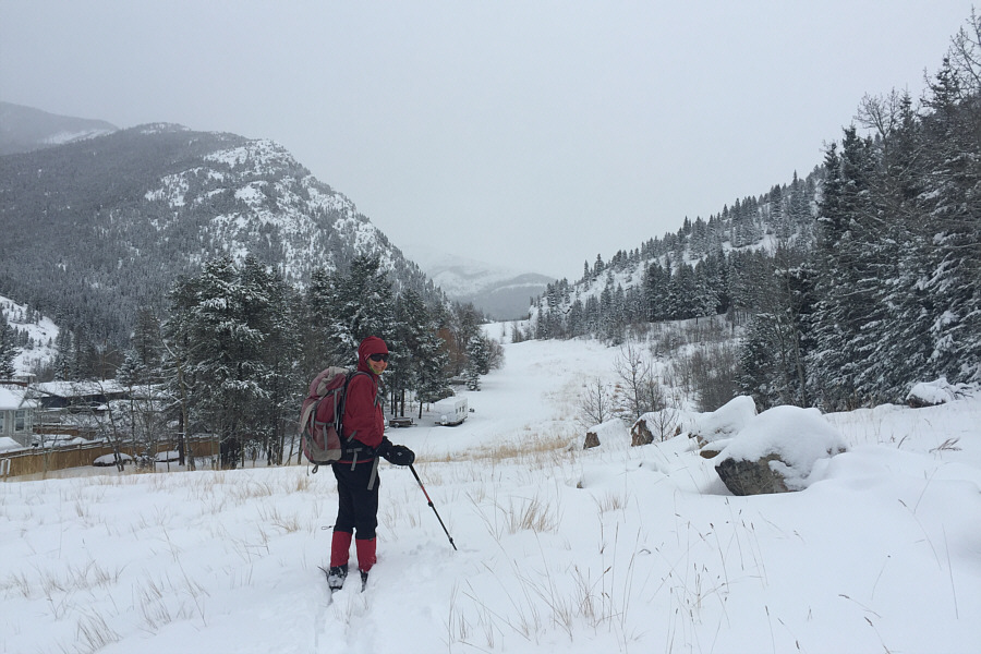 We're basically skiing along a back alley here!