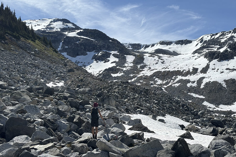 Follow the cairns; leave the snow patches for the descent!